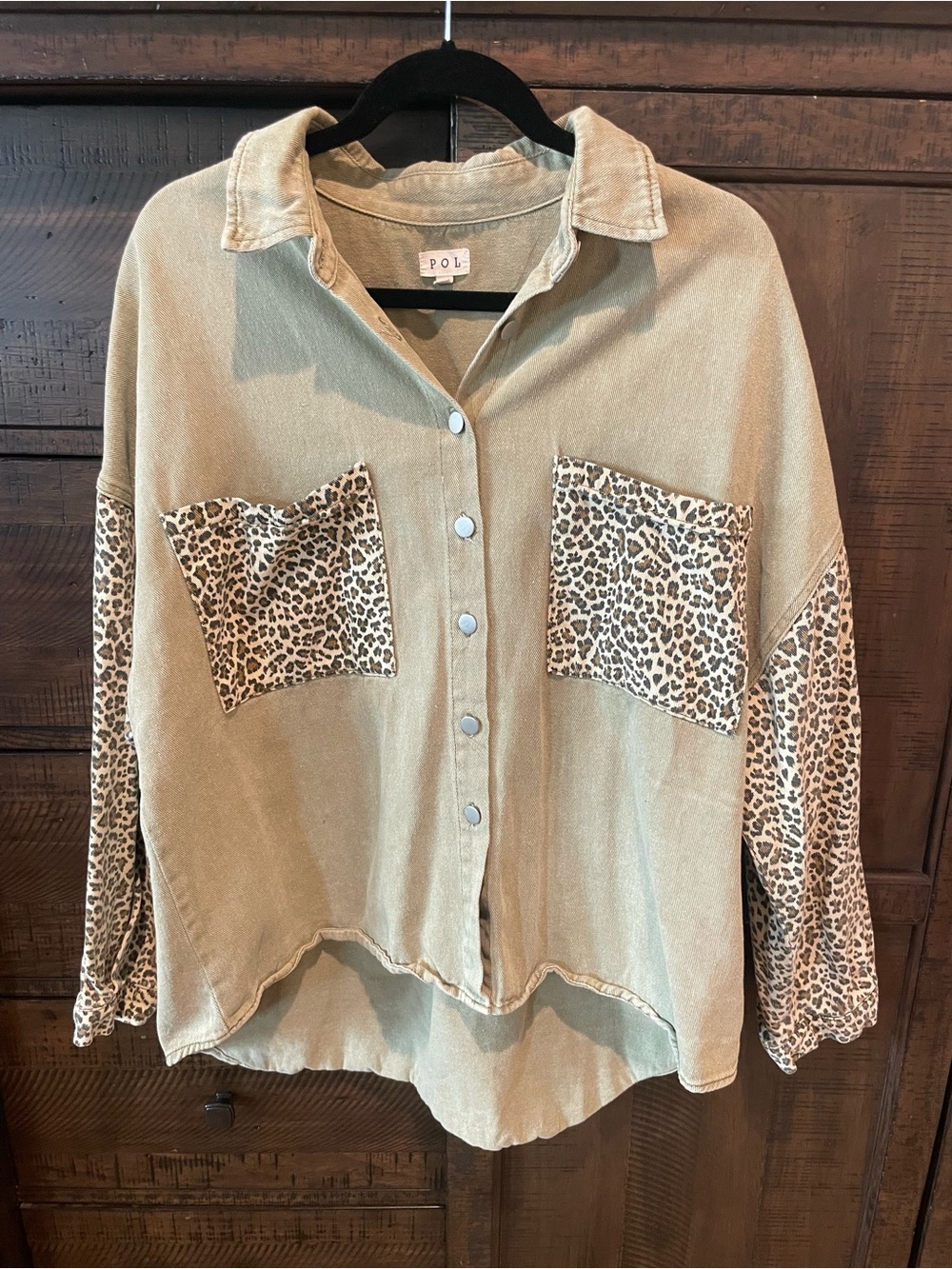 POL Khaki Button-Down with Leopard Print Pockets and Sleeves